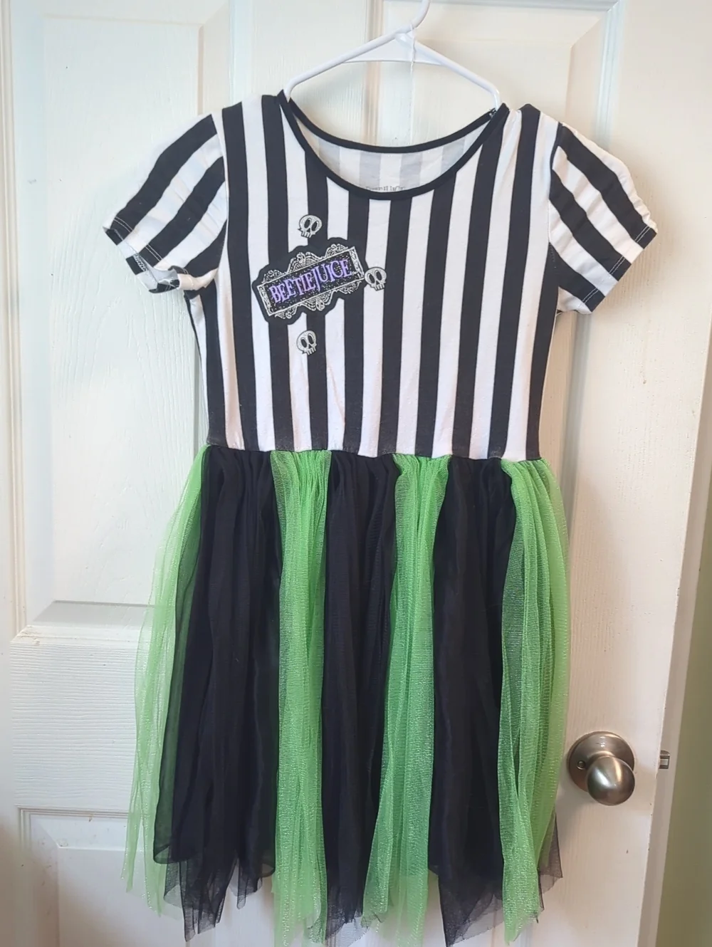 Girls' Black & White Stripe Dress with Green Tulle Skirt
